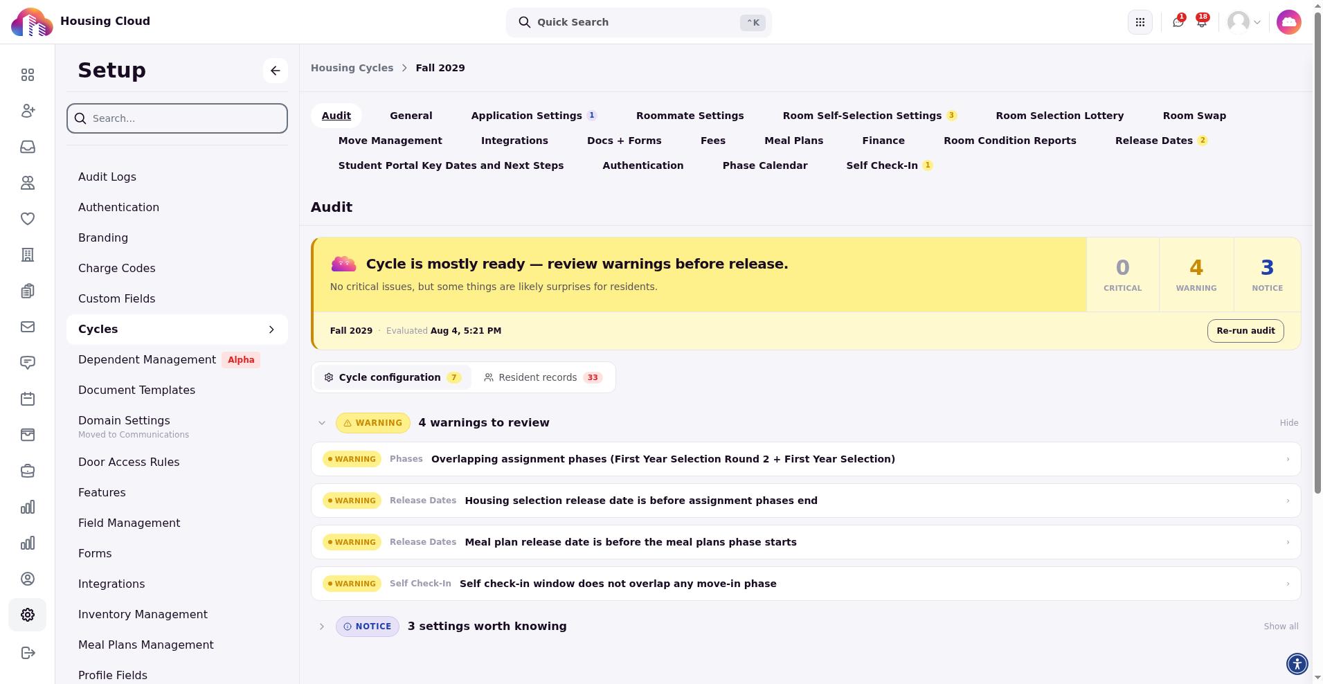 Cycle Audit configuration tab with severity counts, release-readiness status, and Re-run audit button