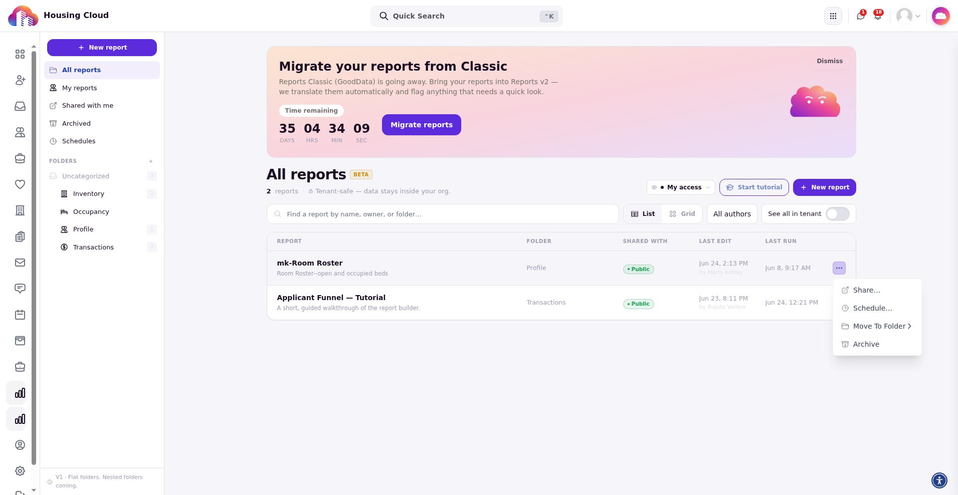Reports library All reports list with a report actions menu open showing Schedule