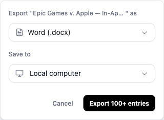 Chronology export menu offers Word format and Local computer as the destination.