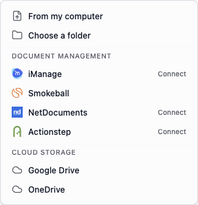 The source menu lists local files, document-management systems and cloud providers.