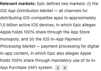 An answer attributes market allegations to Epic and provides numbered source references.