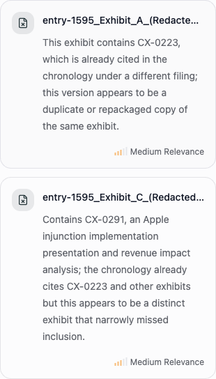 Two source cards explain different reasons documents were not used.