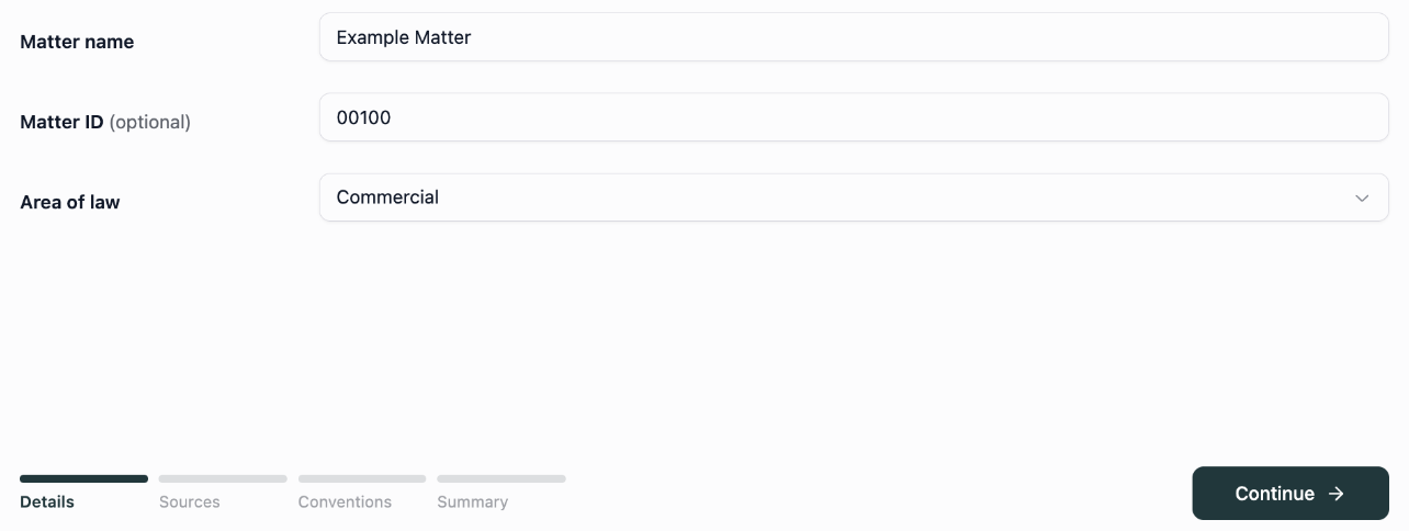 Matter setup fields for Matter name, optional Matter ID and Area of law, followed by Continue.