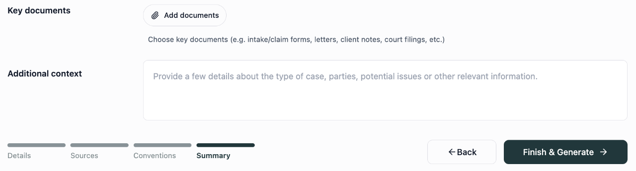 Summary setup with key documents, additional context and the final processing button.