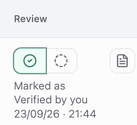 A chronology entry shows a green checkmark, Marked as Verified by you and the recorded date and time.
