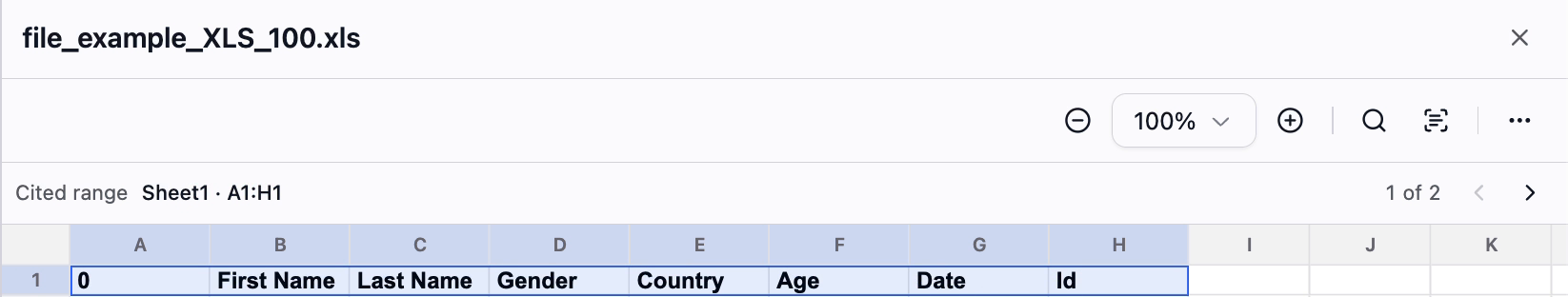 Native XLS viewer with the cited header row highlighted from column A to column H.