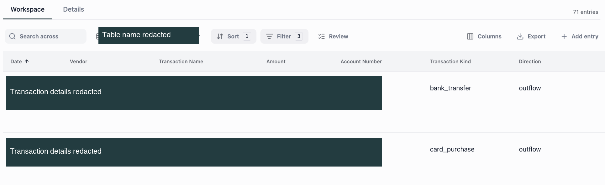 Financial table with search, sort, filters and columns. Personal details are redacted.