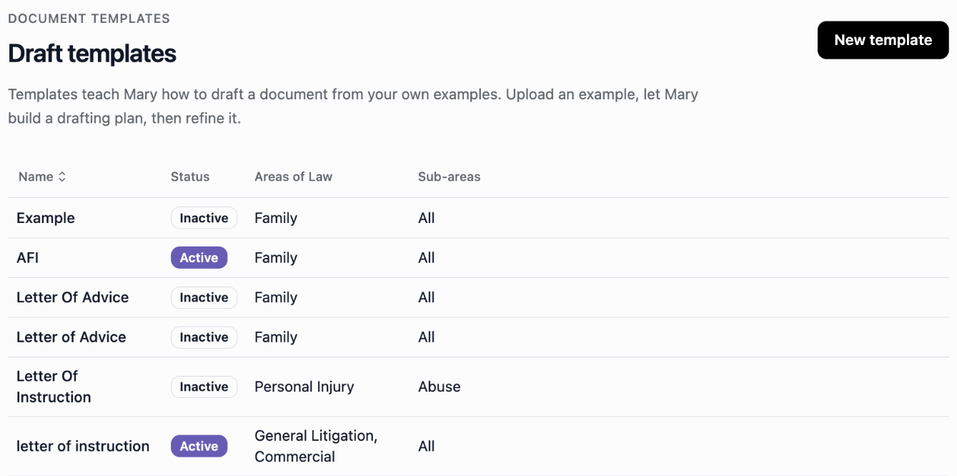 Draft templates page with New template and the practice-area and status columns.