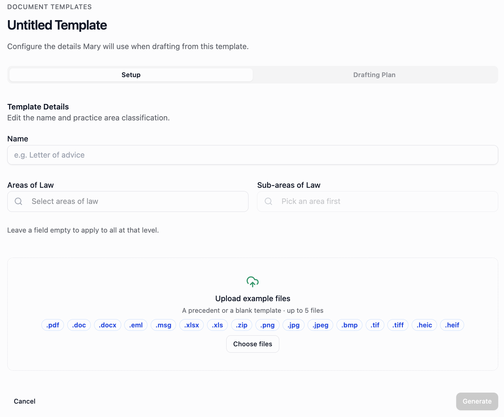 Template setup form with Name, practice-area fields, a five-example-file limit and Generate.