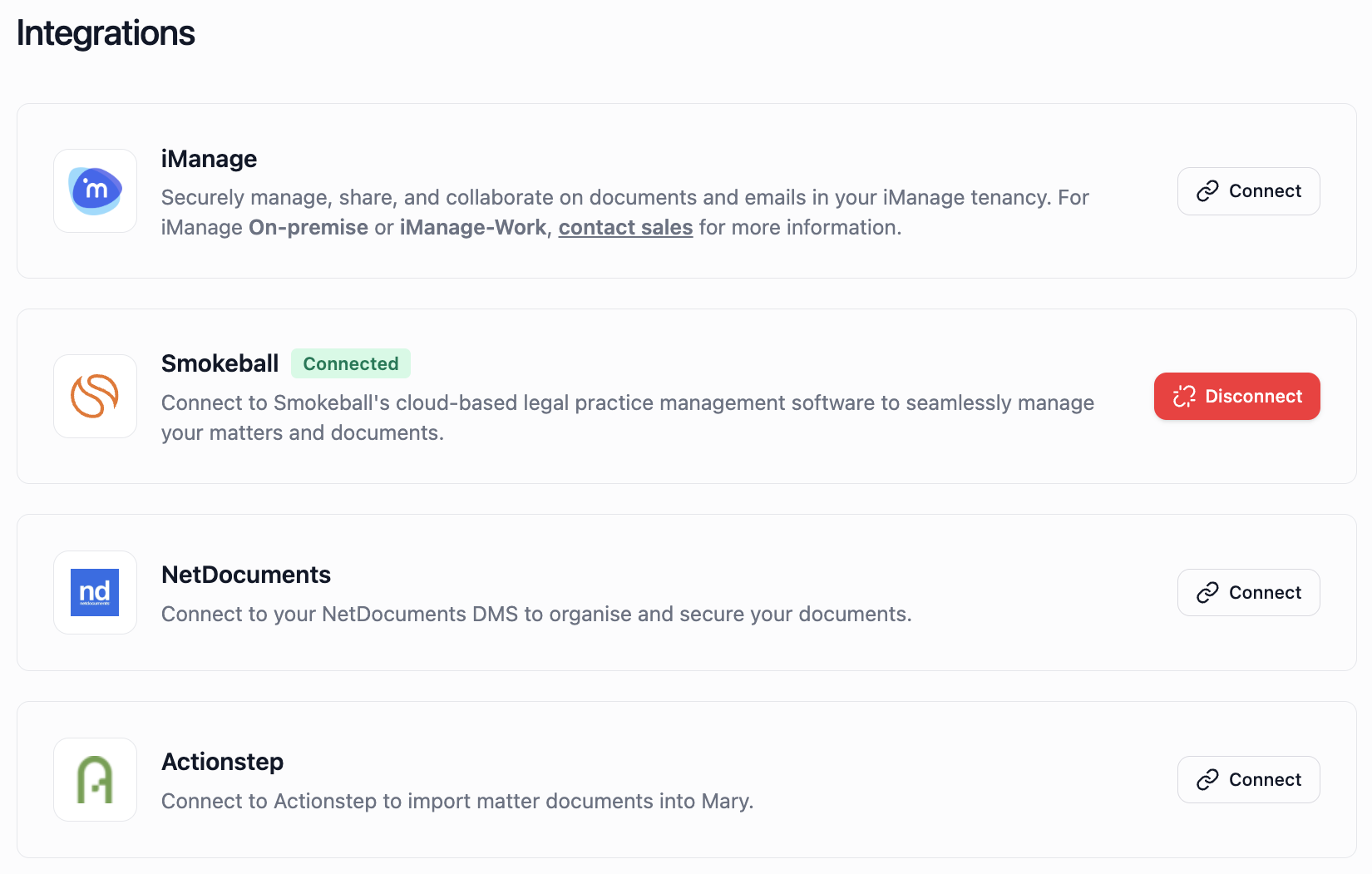 iManage, NetDocuments and Actionstep show Connect. Smokeball shows Connected in this example account.