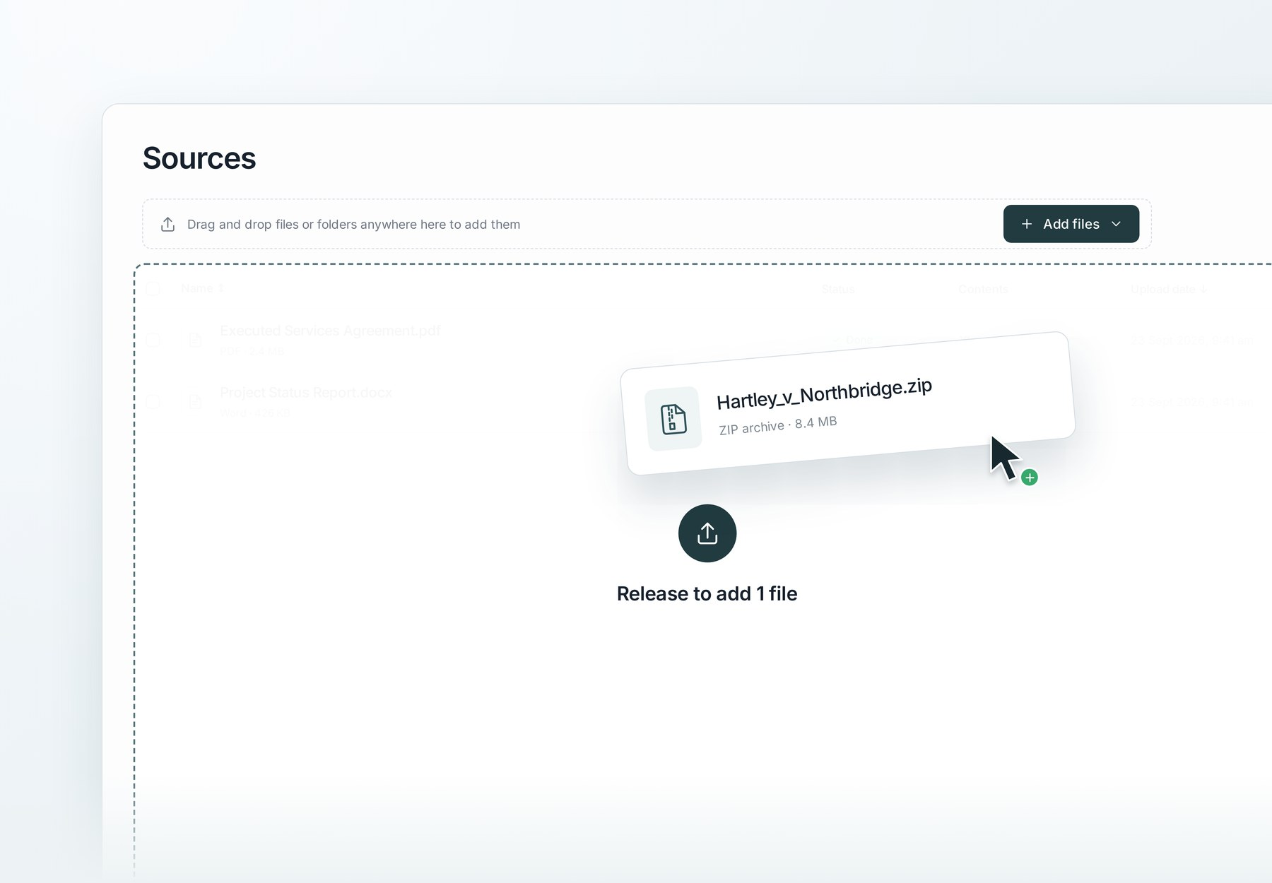 Sources showing a ZIP archive being added through the upload area