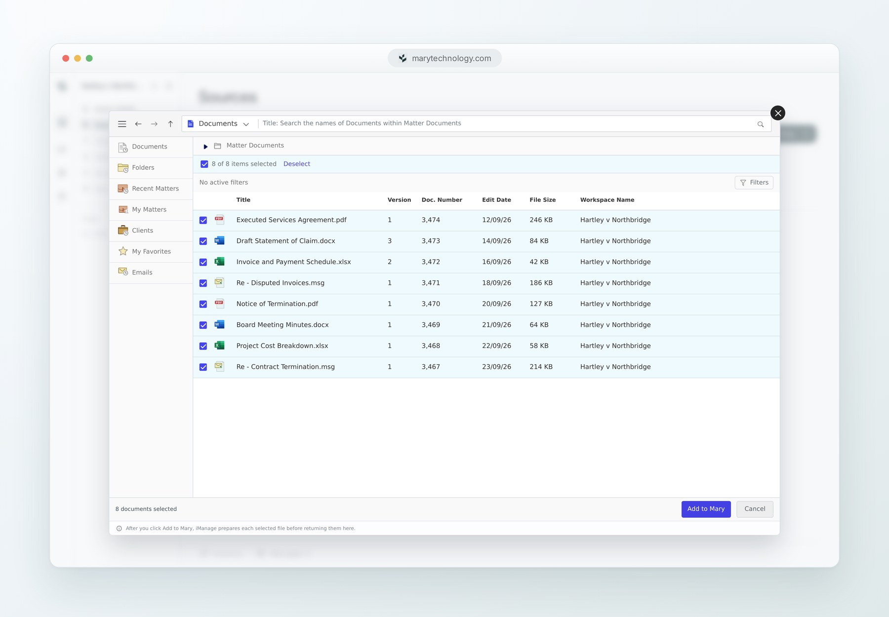 iManage document picker showing a source workspace and file selection
