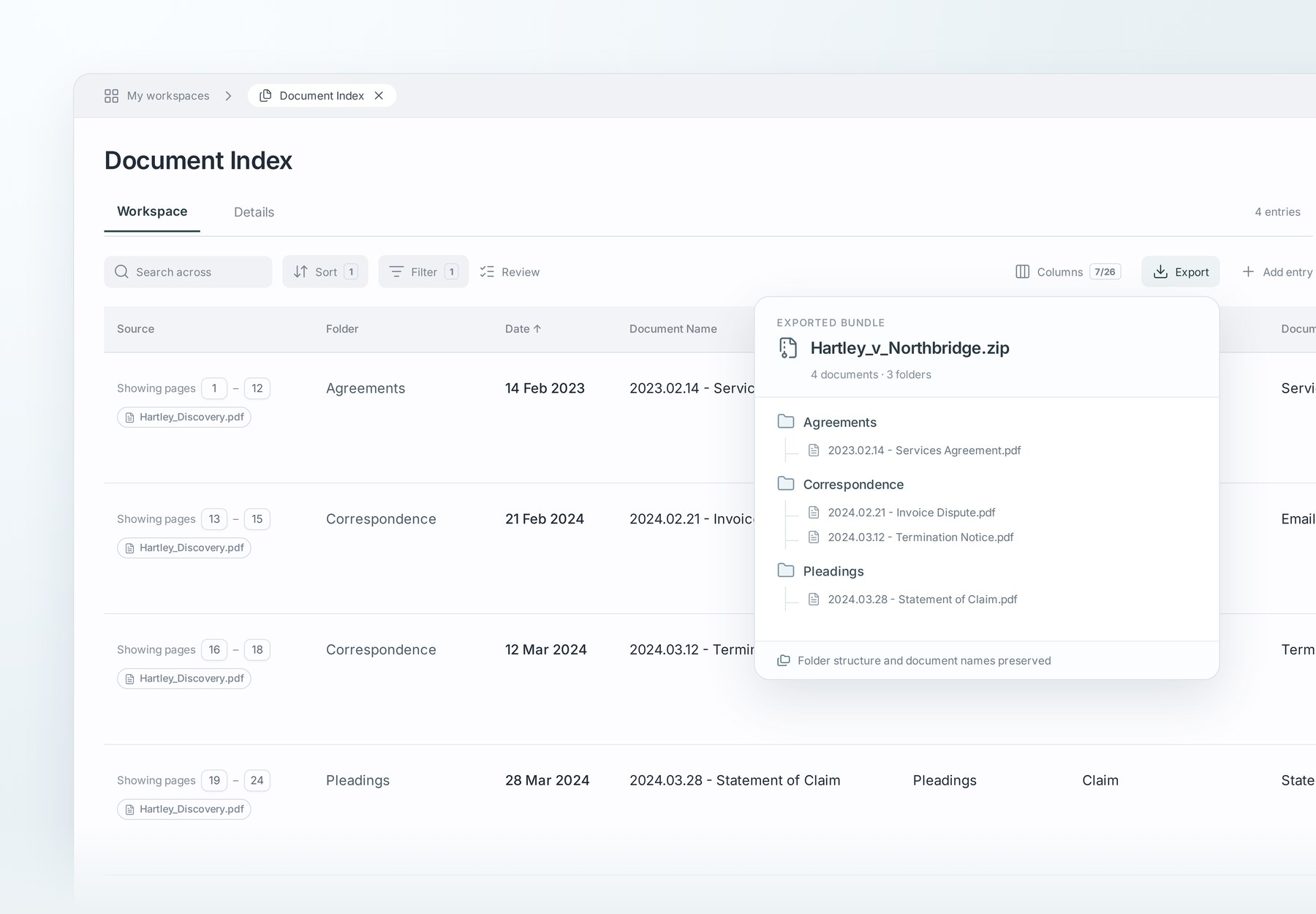 Document index showing identified documents, dates, folders and source references