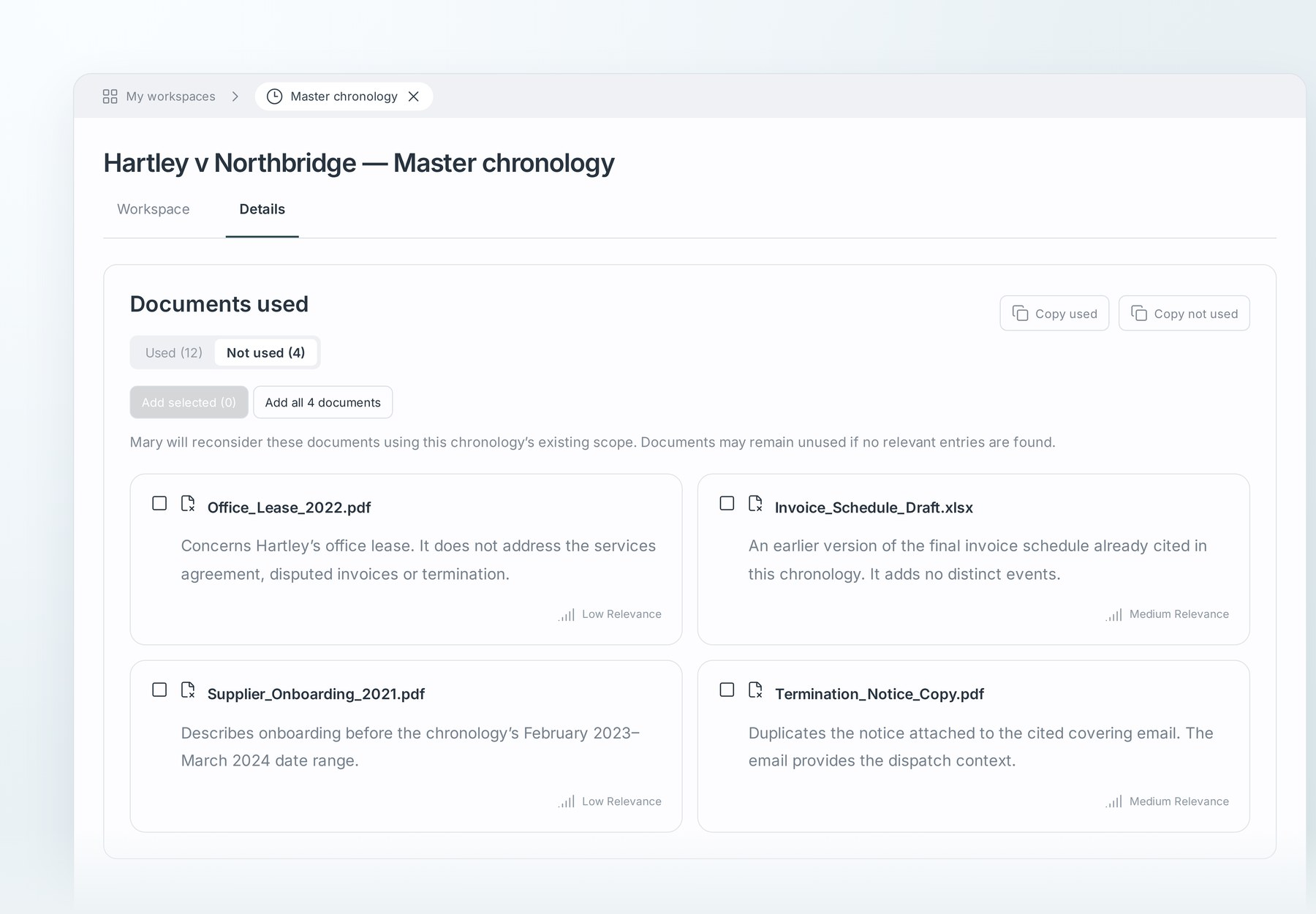 Chronology Details showing documents not used and their relevance explanations