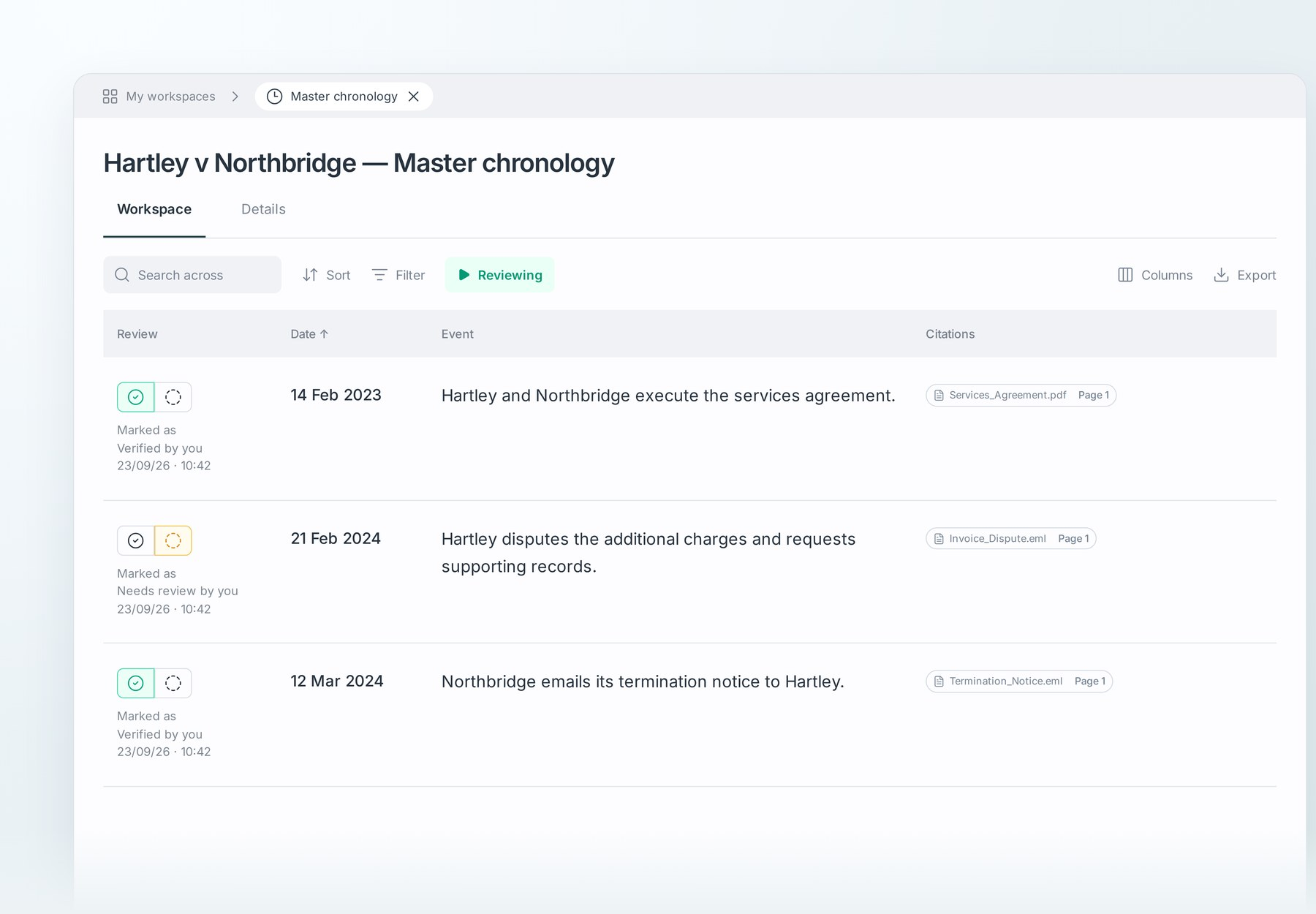 Chronology review mode showing row verification controls