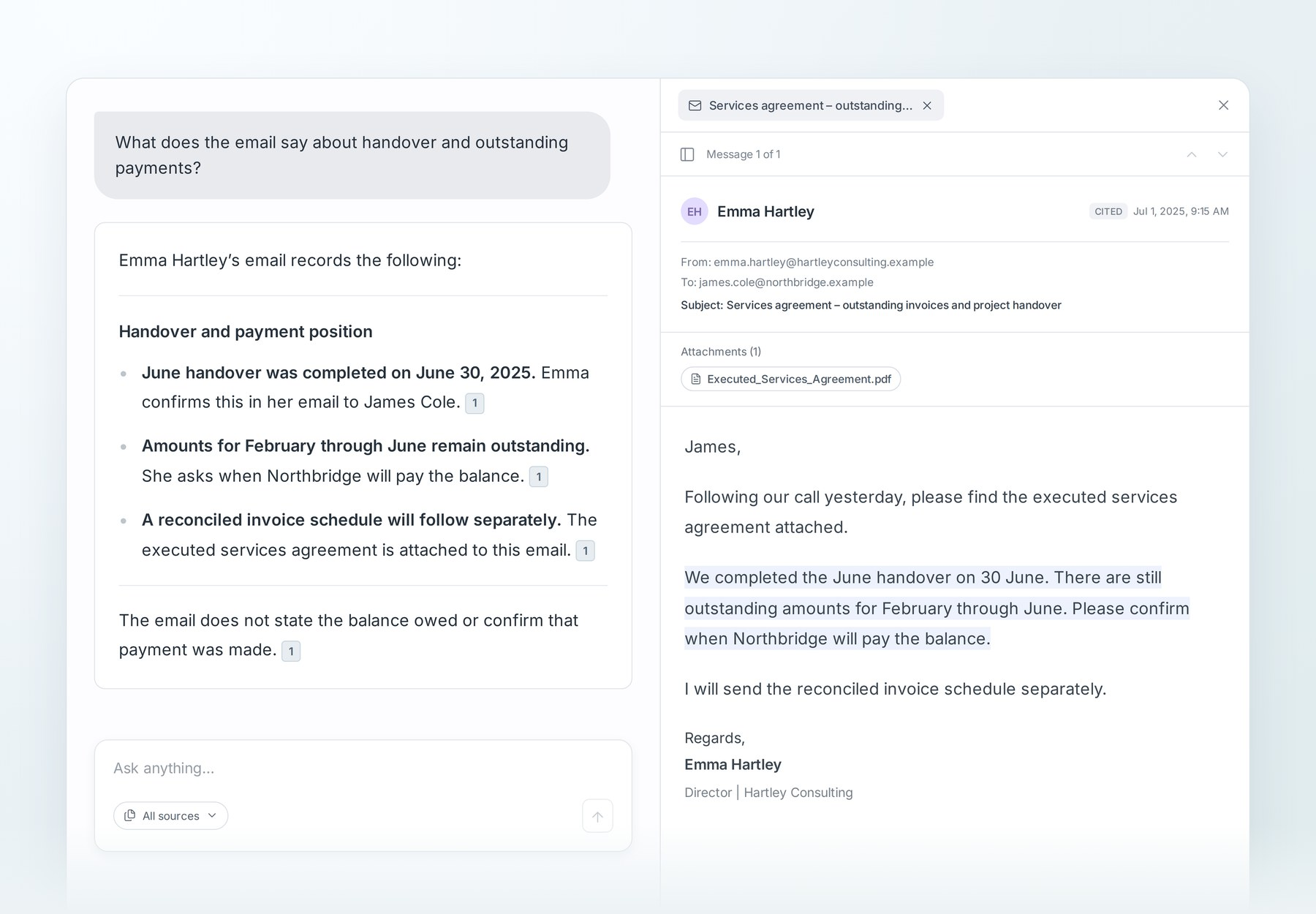 A cited answer shown beside the supporting email source and attachment context