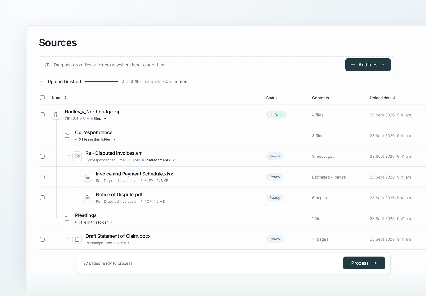 Uploaded source hierarchy with folders and nested email attachments