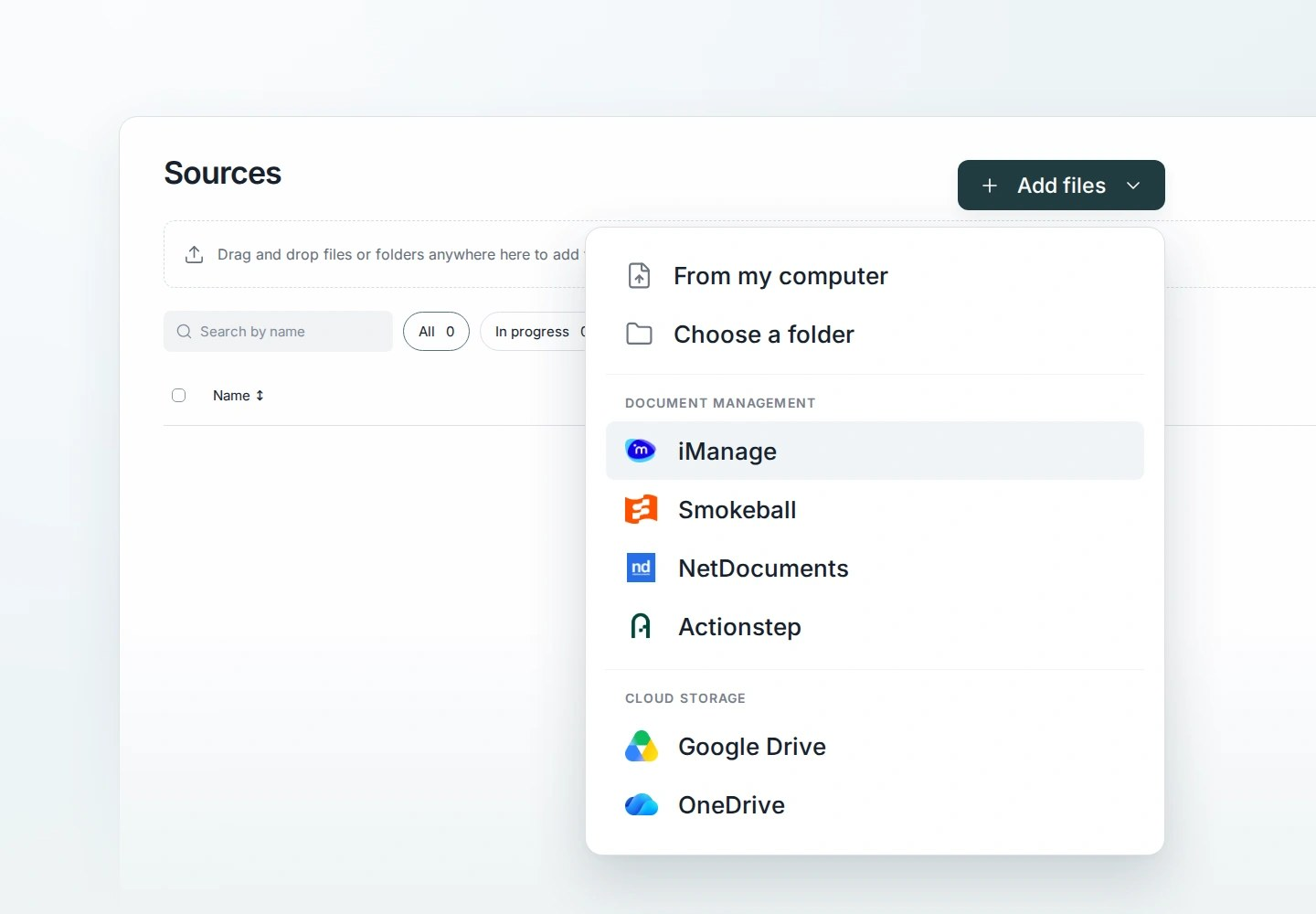 Add files menu showing local upload and connected document providers
