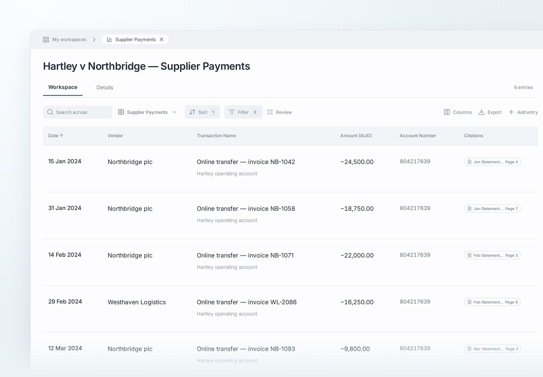 Financial analysis table with transaction dates, amounts, account and citations