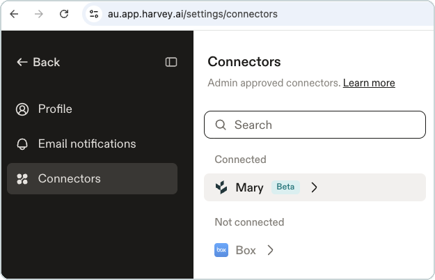 Harvey Settings, Connectors, with Mary listed under Connected.