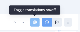 Image of a toolbar with icons including a globe and a chat bubble, showing a tooltip that says 'Toggle translations on/off' above.