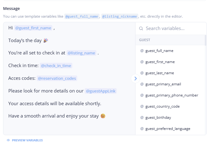 Image of a message template in a UI showing placeholder variables like @guest_first_name, @listing_nickname, @check_in_time, and @reservation_codes.