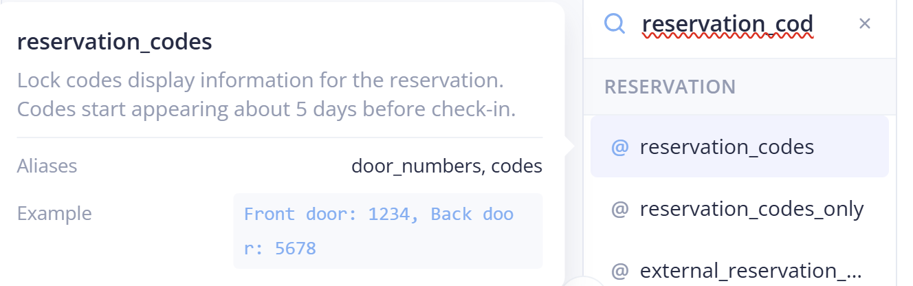 Image of a software documentation screen showing a reservation_codes entry with a description about lock codes, aliases, and an example snippet.