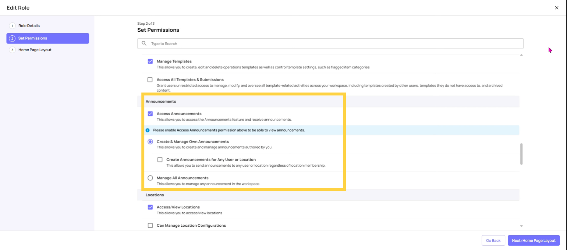 Manage Announcement Feature Permissions