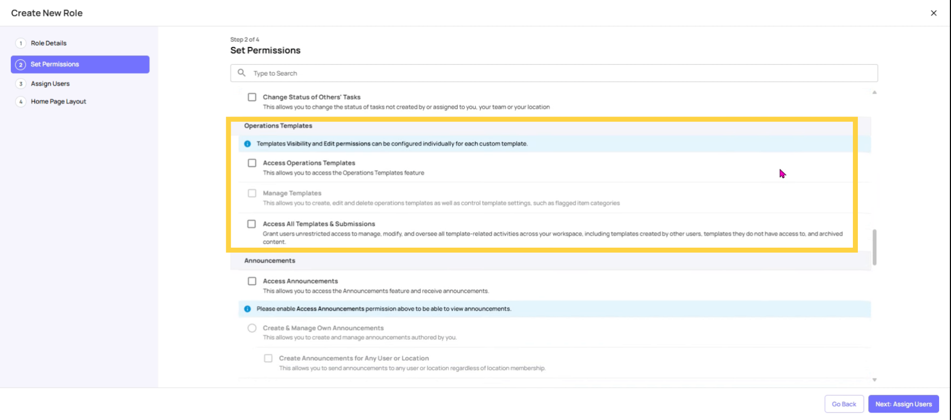 Set Operations Template Permissions