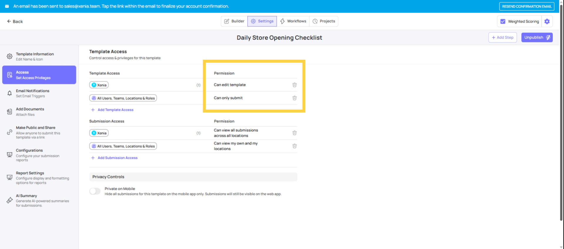 Summarize Operational Checklist Settings