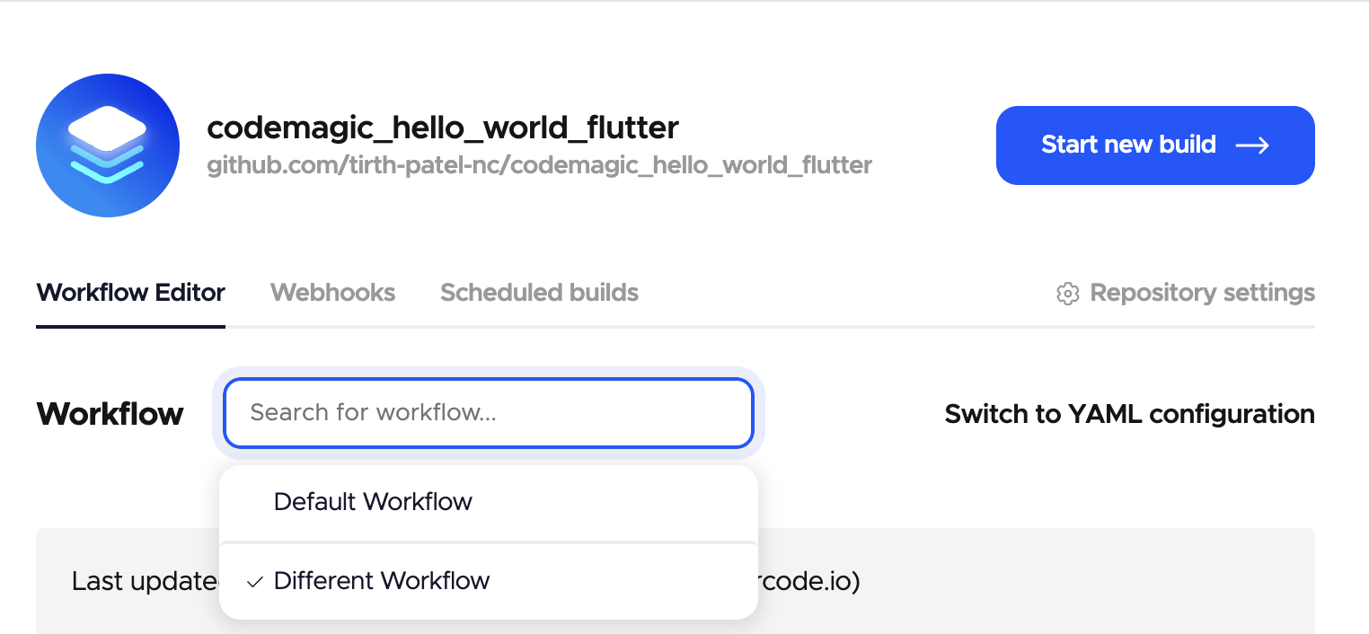 Image of a UI screen showing a Workflow Editor with a dropdown menu labeled Search for workflow... containing options Default Workflow and Different Workflow under a header that includes the app name codemagic_hello_world_flutter.