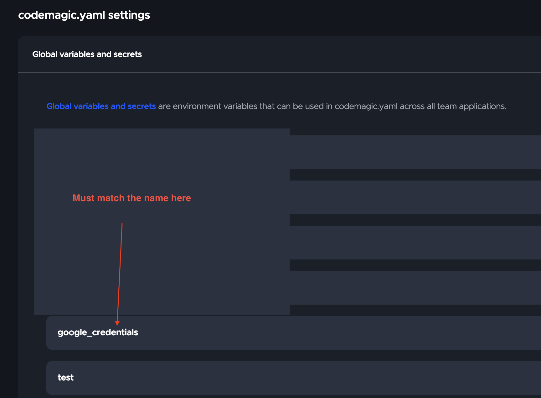 Image of a Codemagic YAML settings page showing a highlighted missing environment variable group named 'google_credentials' under Global variables and secrets.