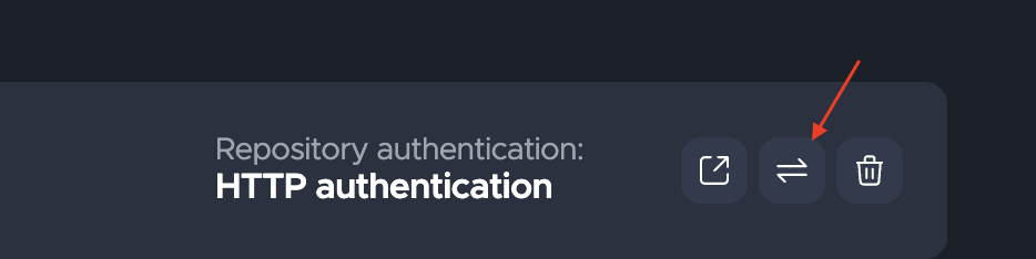 Image of a dark UI panel labeled 'Repository authentication: HTTP authentication' with three action icons (open, split/refresh, and trash) and an orange arrow pointing to the middle icon.