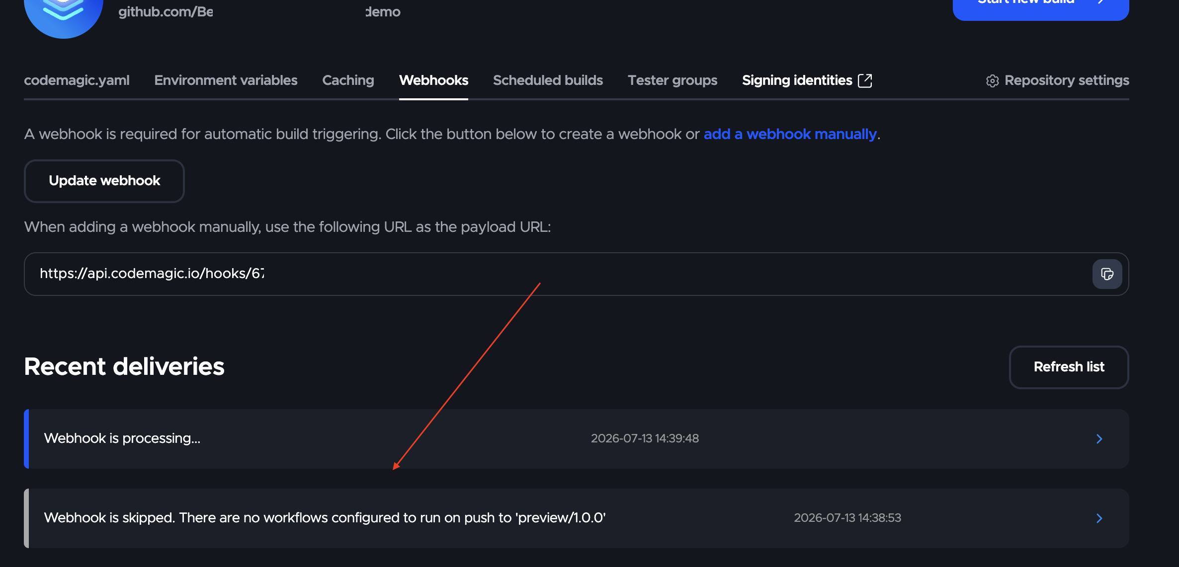 Image of a dark webhooks UI showing recent deliveries: one entry 'Webhook is processing...' and a second entry 'Webhook is skipped. There are no workflows configured to run on push to a branch'.
