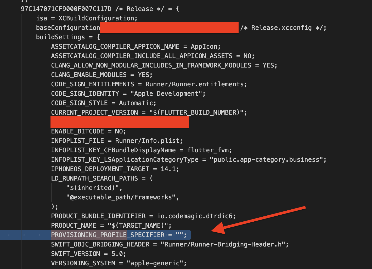 Code file showing a build configuration with a highlighted line setting PROVISIONING_PROFILE_SPECIFIER to an empty string.