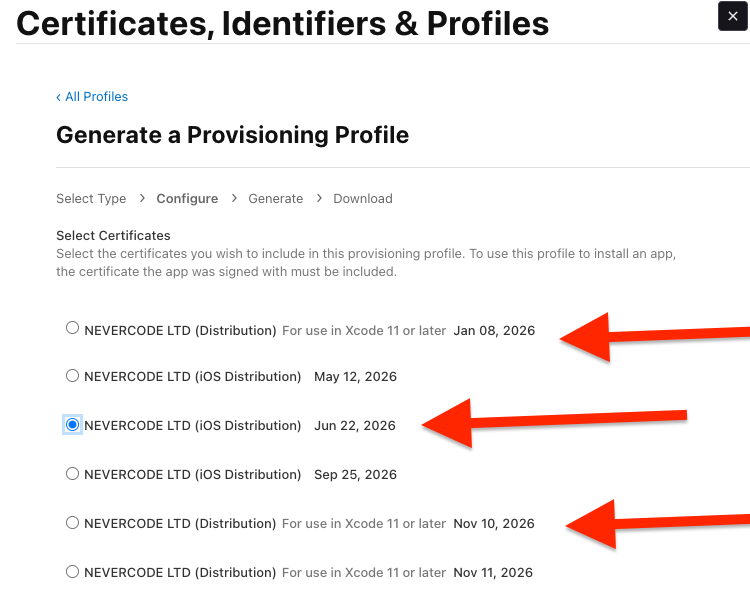Image of a Git/CI certificate management screen showing multiple iOS Distribution certificates with different expiration dates, highlighting the June 22, 2026 option.