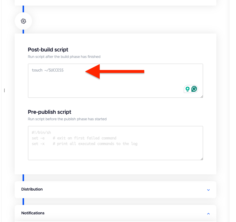 Image of a Google Chat integration guide showing a post-build script that creates a SUCCESS file to indicate a successful build and a curl-based step to notify Google Chat.
