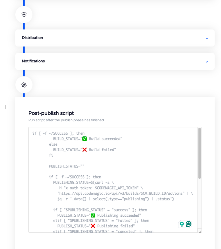 Image of a set of step-by-step instructions and code snippet describing how to send build results to Google Chat via a webhook and post-build scripts.