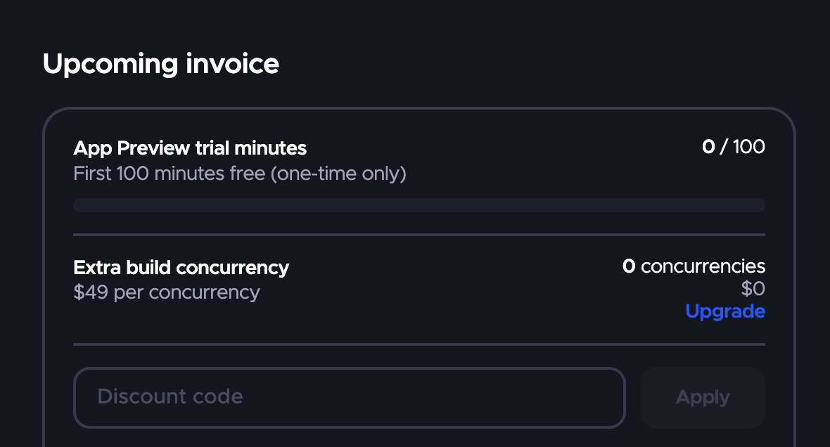Dashboard screen showing the Upcoming invoice panel with the Extra build concurrency option and Upgrade link.