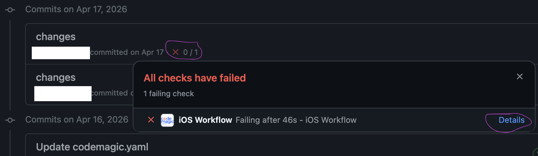 Dark-themed commit history UI showing a failed iOS Workflow check with an error badge and a Details button.