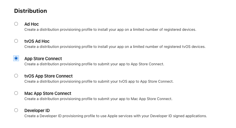 Image of a provisioning profile creation screen with the App Store Connect option selected under Distribution.