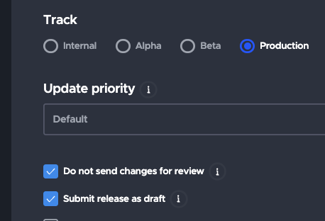 Image of a software publishing interface showing a Track set to Production with a checkbox for 'Do not send changes for review' and guidance to set changes_not_sent_for_review: true for Google Play.
