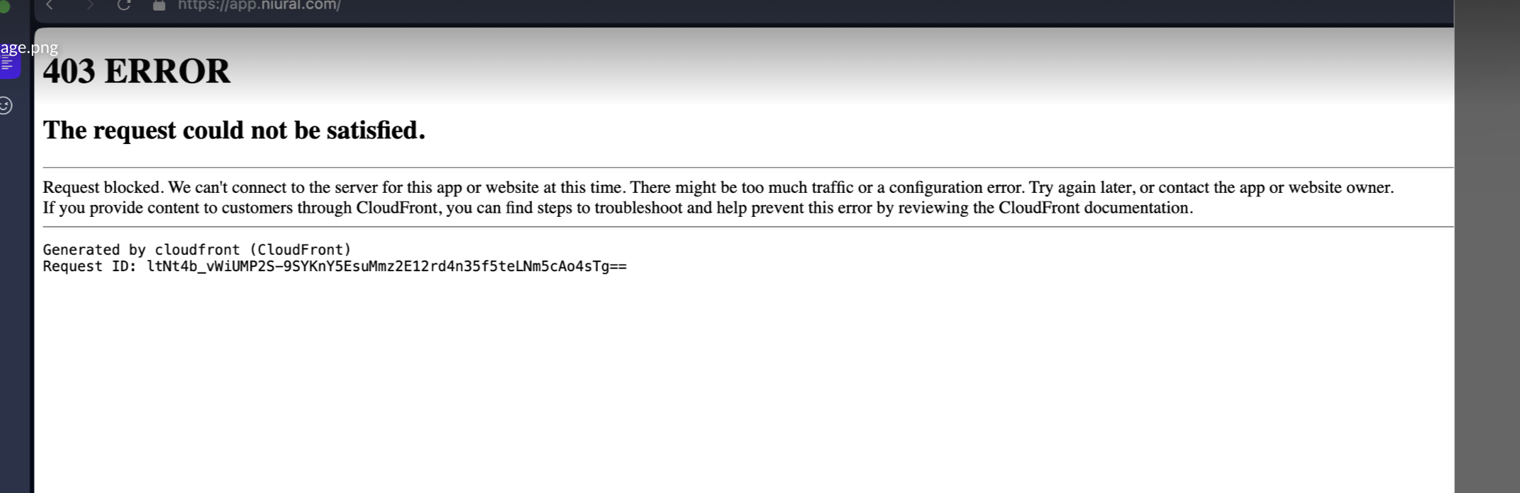 403 ERROR page stating the request could not be satisfied, with CloudFront message about being blocked and possible traffic or configuration issues