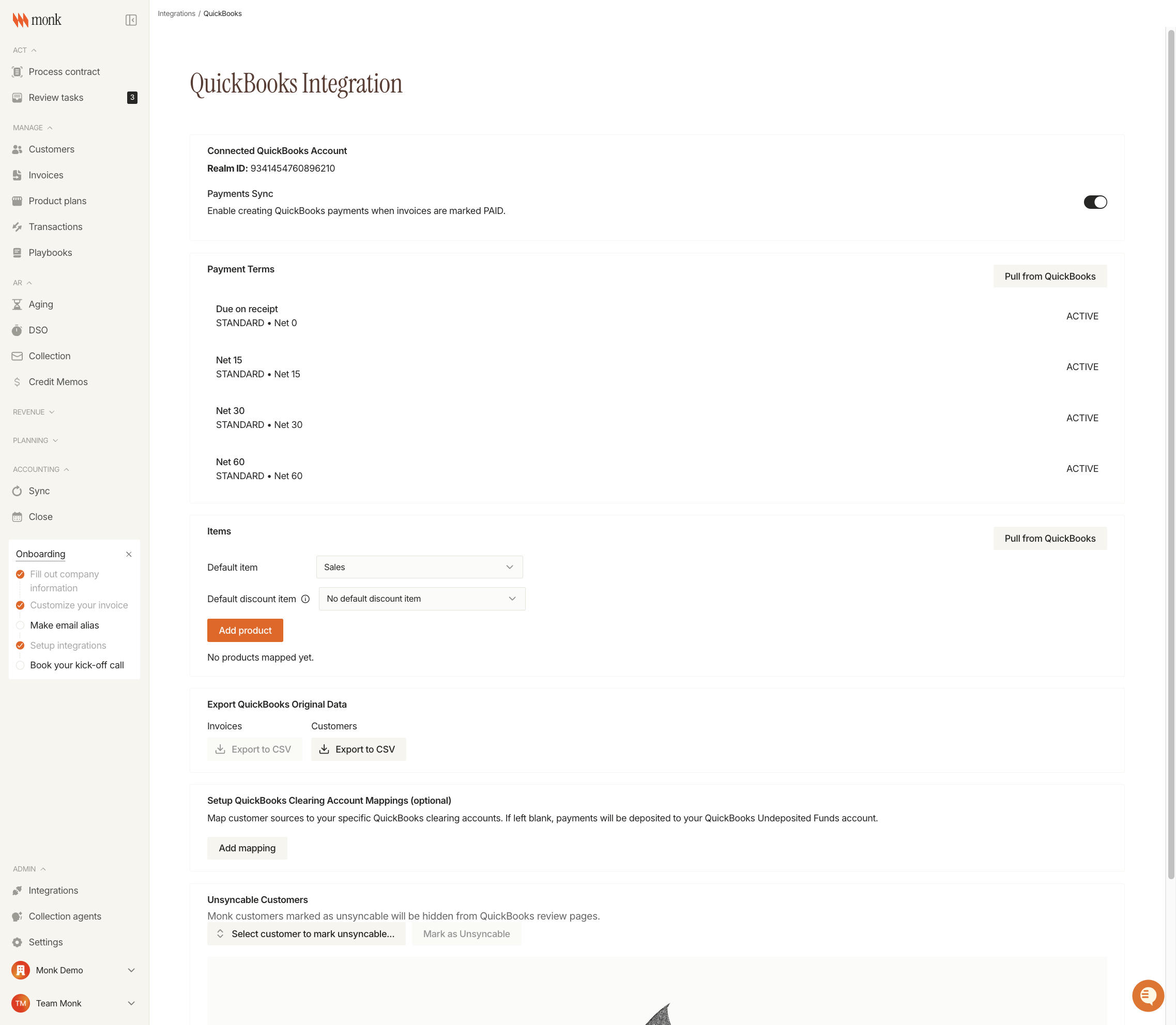 QuickBooks Integration details page