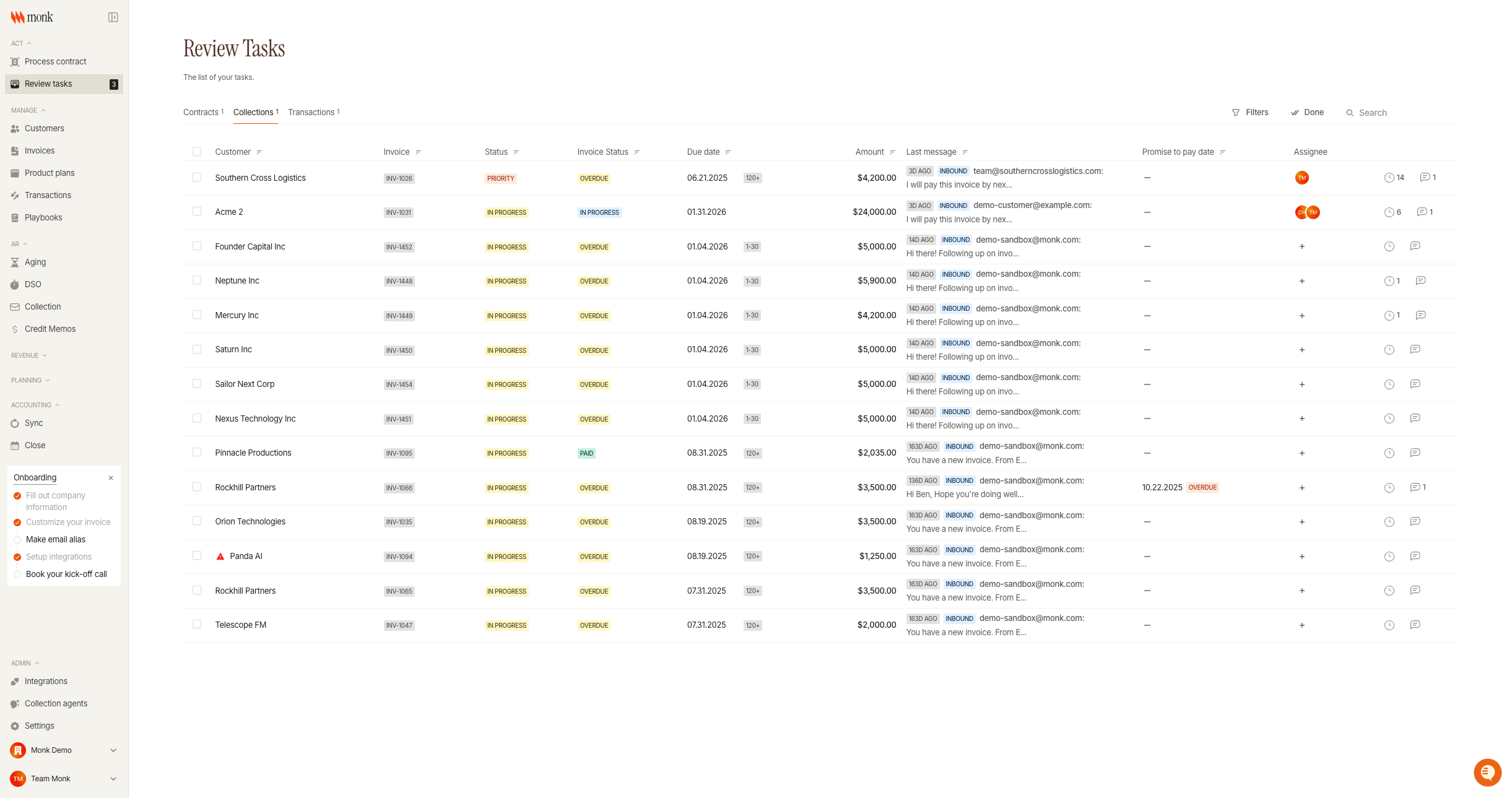Review tasks showing collection items