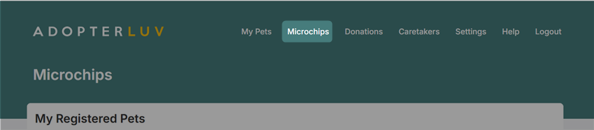 Microchips is linked in the top row navigation leading to the page to update registration details.