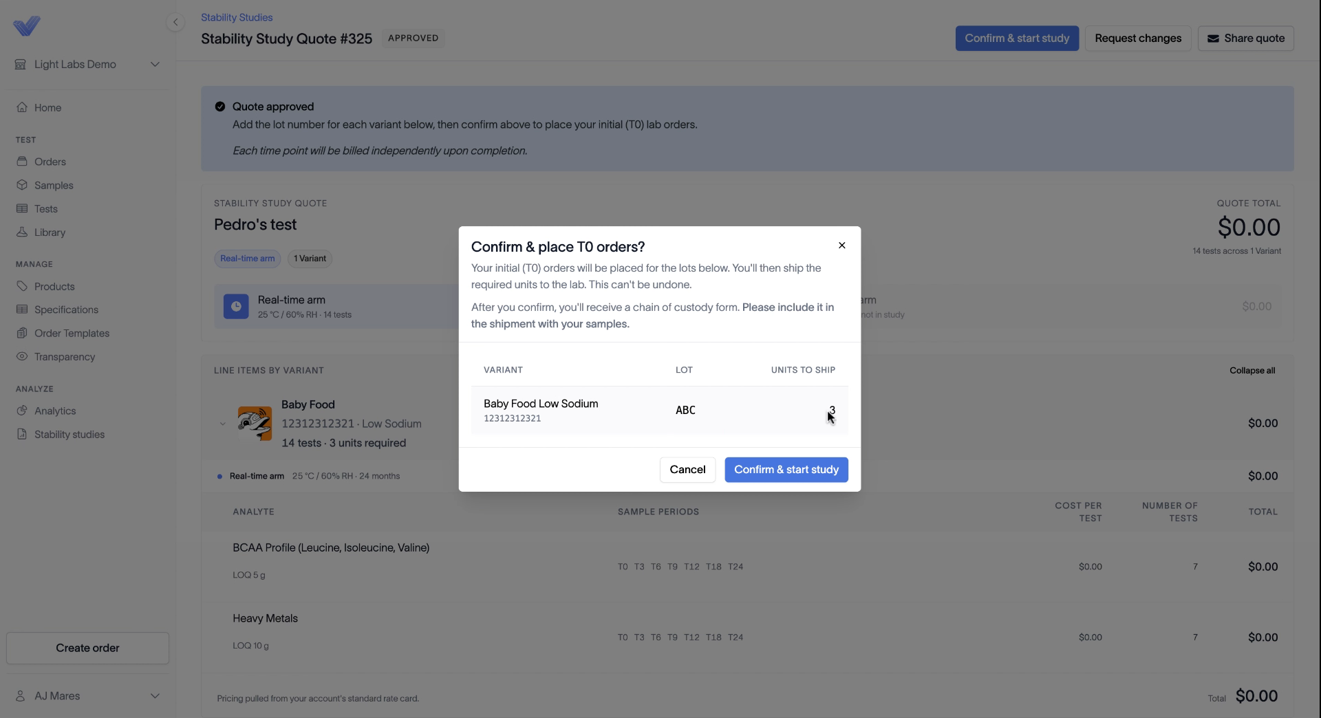 The confirmation dialog, showing the lot and units to ship.