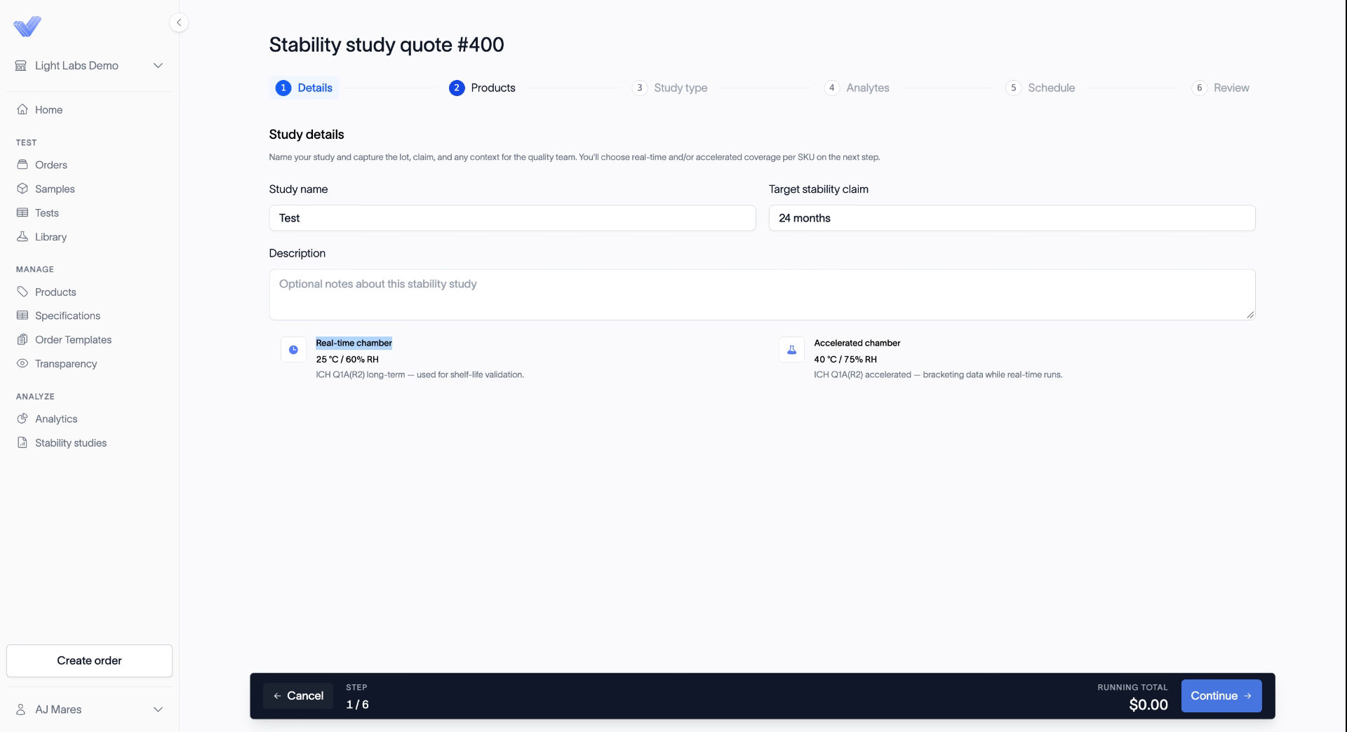 Step 1 with a study name and a 24 month claim filled in.