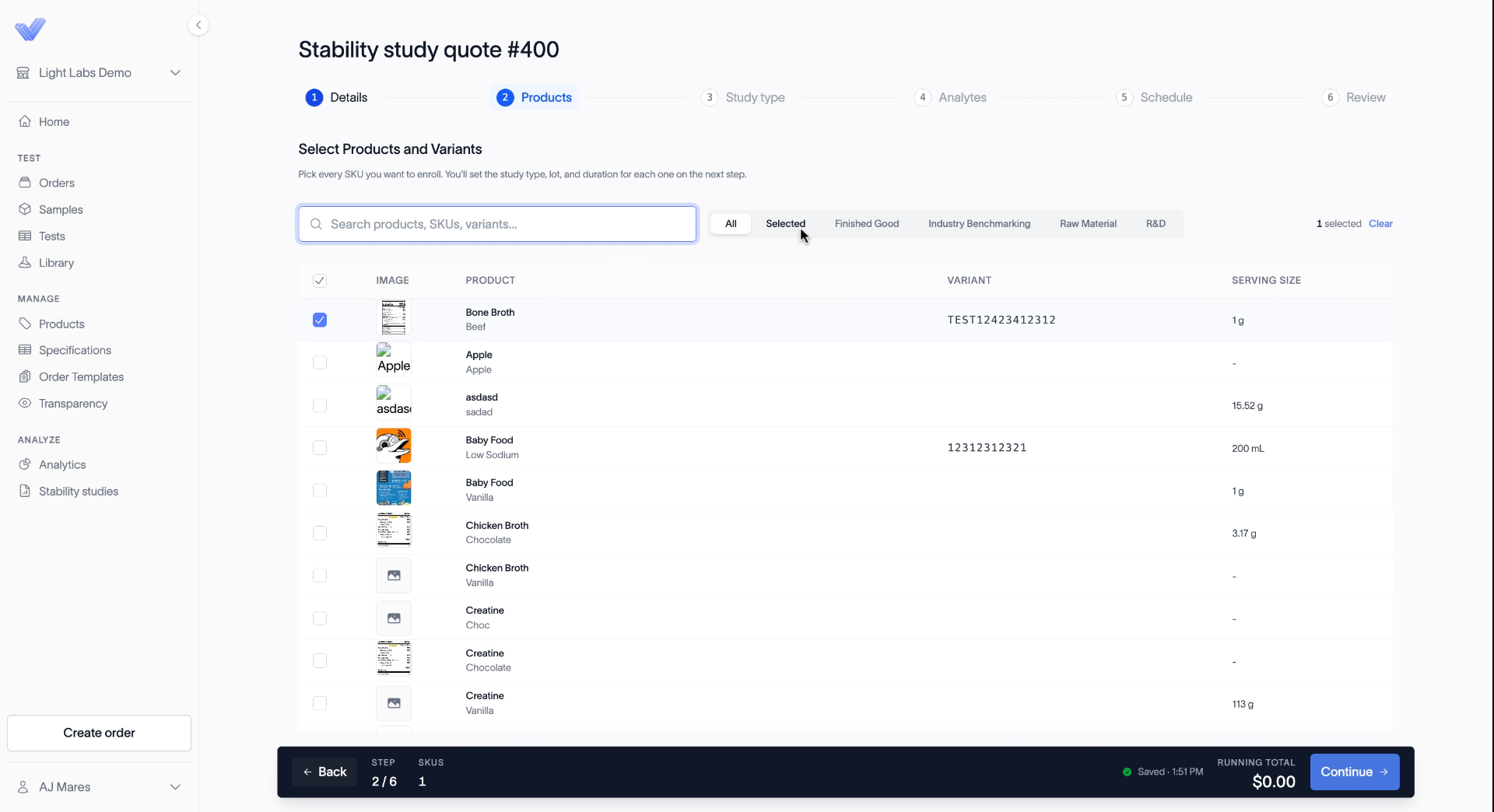 The Selected tab, showing the one product enrolled in this study.