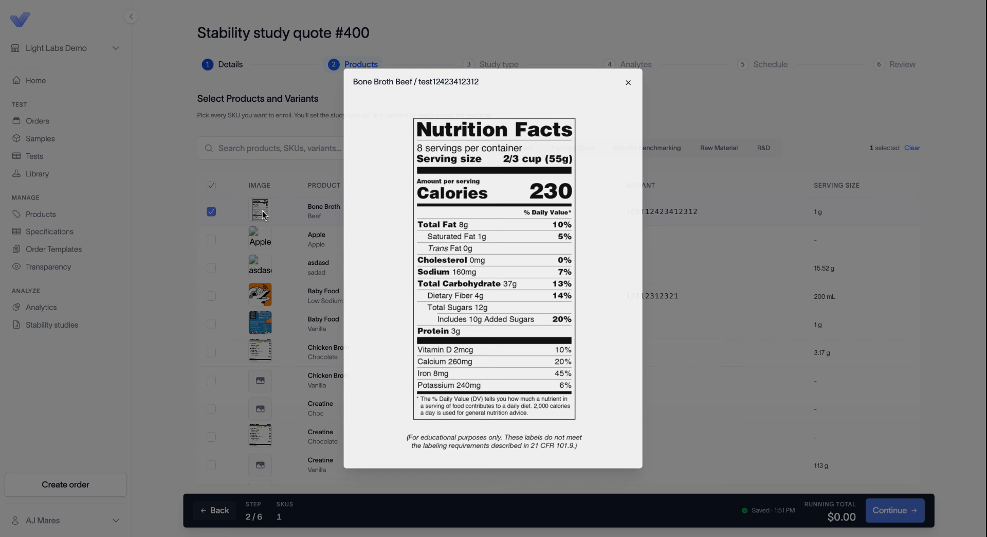 Clicking a product image opens a preview of its supplement facts panel.